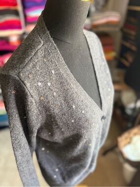CUTE!!  LOFT Charcoal V-Neck Cardigan with Metallic Star Accents